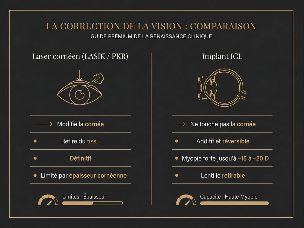 Infographie comparant l'approche laser cornéen (LASIK/PKR) qui modifie la cornée et l'implant ICL additif et réversible