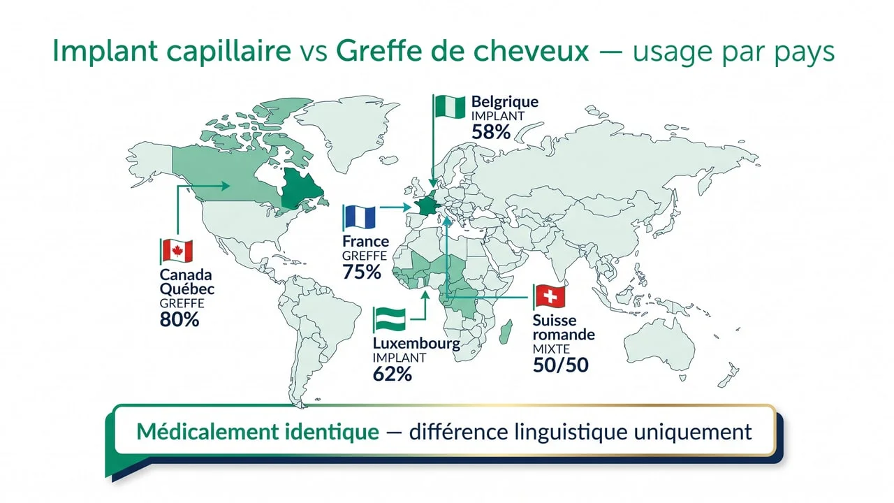 Carte de France pays francophones avec usage des termes 'implant capillaire' versus 'greffe de cheveux' — Belgique 58 % implant, France 75 % greffe