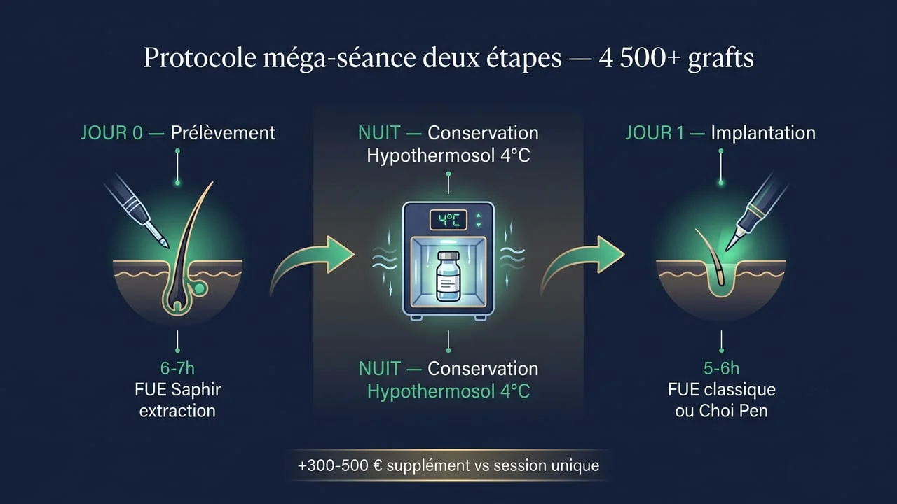 Timeline médical du protocole implant capillaire deux étapes pour méga-séance 4 500+ grafts — prélèvement J0, conservation Hypothermosol, implantation J1