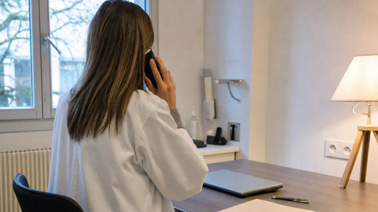 Illustration générée d'un échange téléphonique entre professionnels avant un soin dentaire.