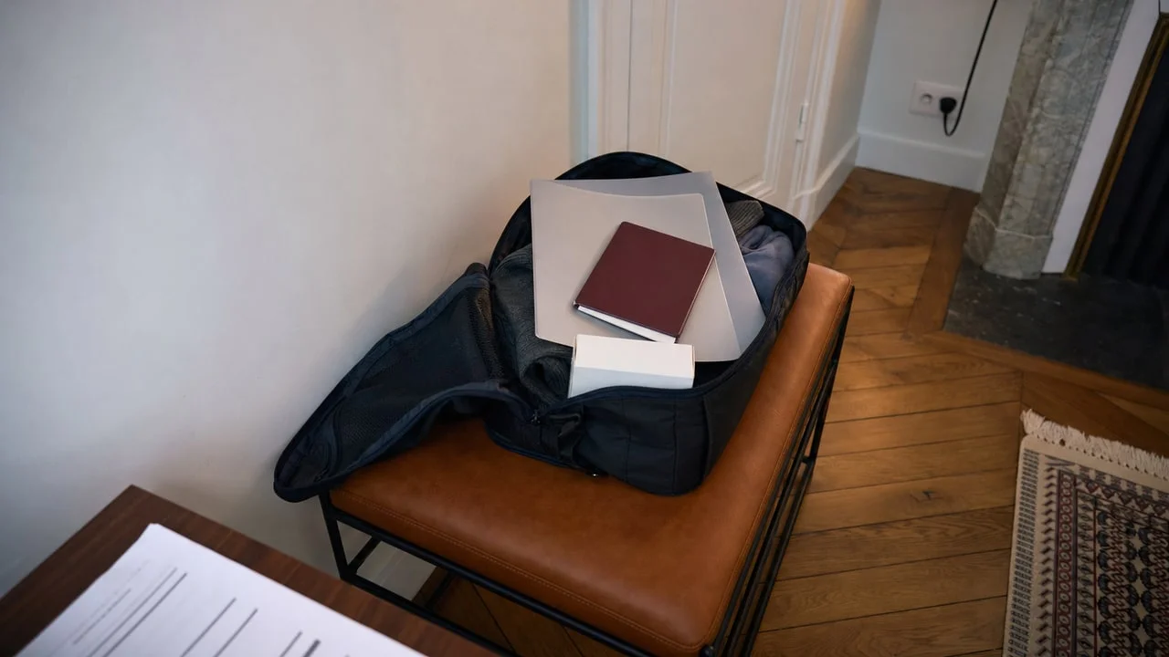 Illustration générée d'un dossier médical préparé pour un déplacement lié à des soins.