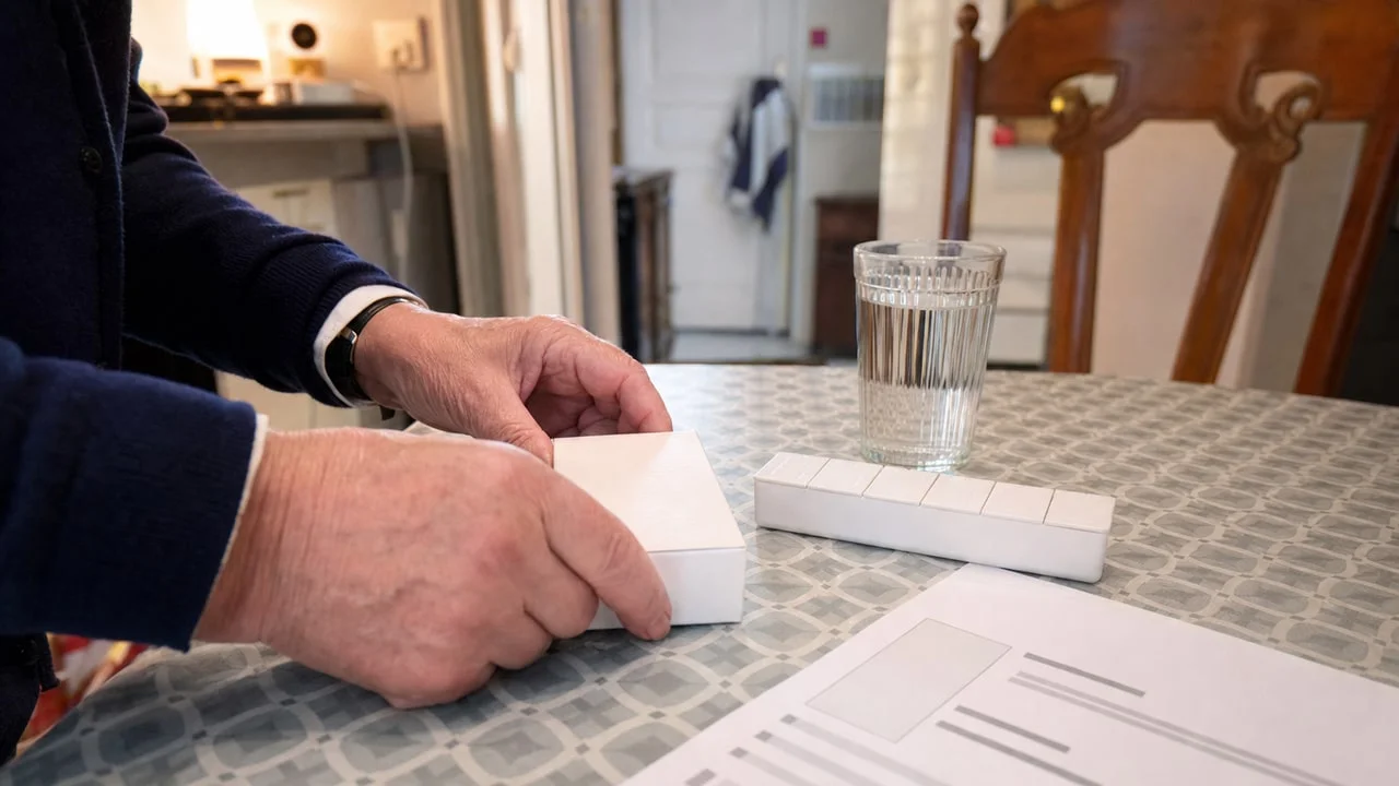 Illustration générée de boîtes sans marque et d'un dossier permettant de recenser les médicaments.