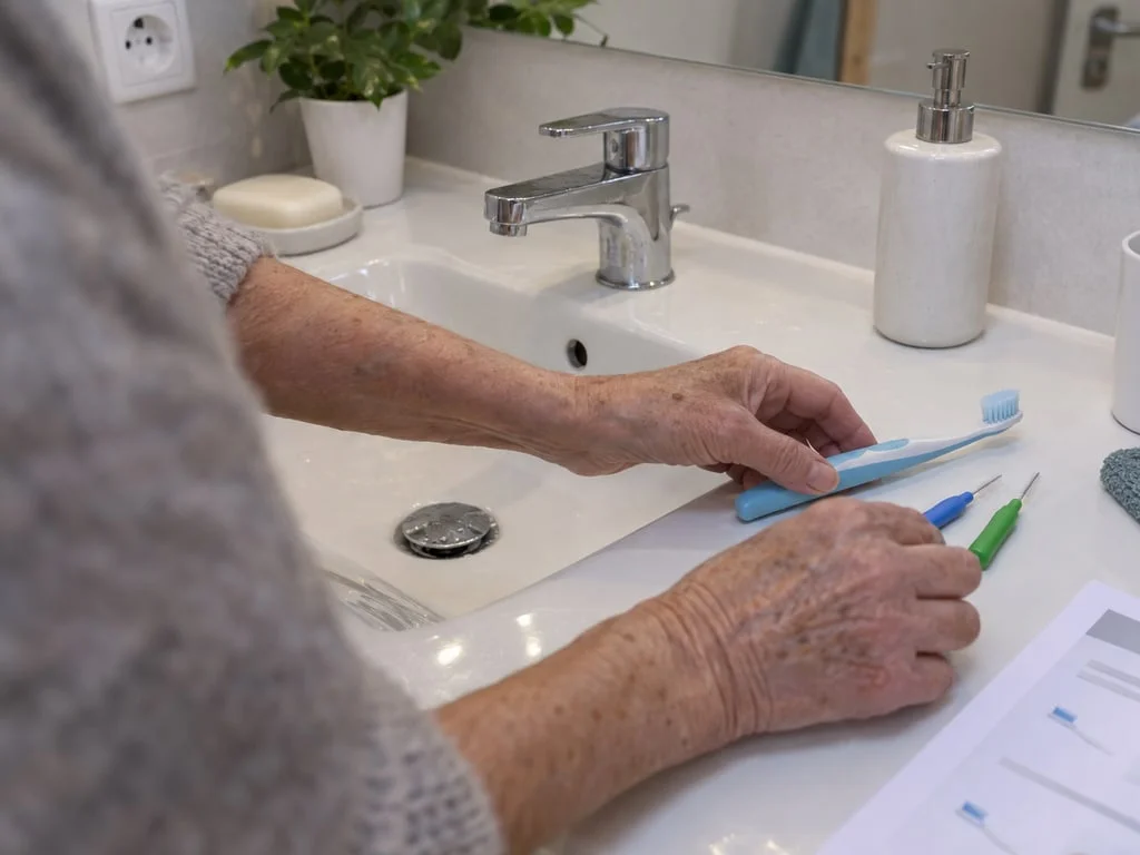 Brosse à dents et brossettes interdentaires sur un lavabo
