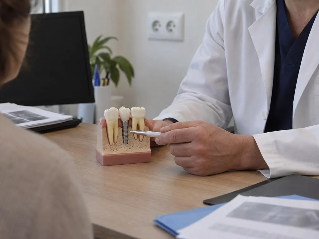 Modèle pédagogique générique montrant un implant parmi des dents