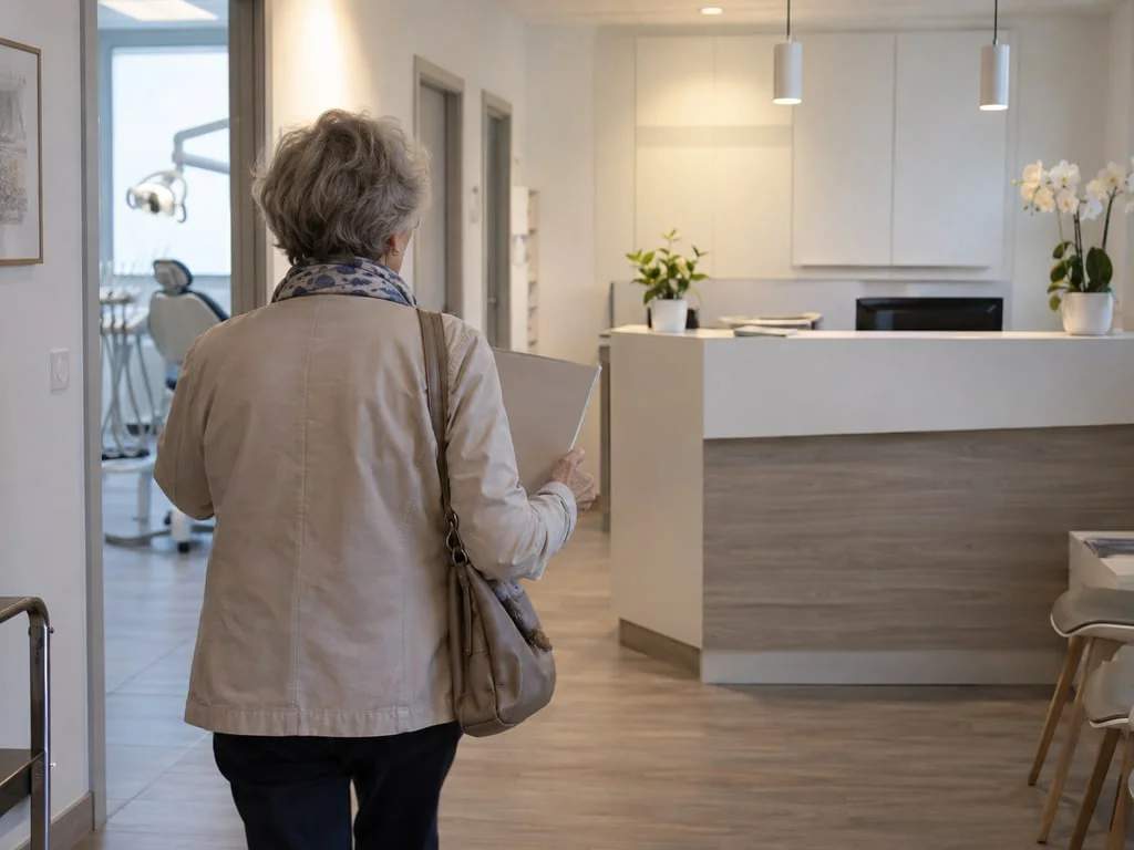 Personne vue de dos arrivant à un rendez-vous de suivi dentaire