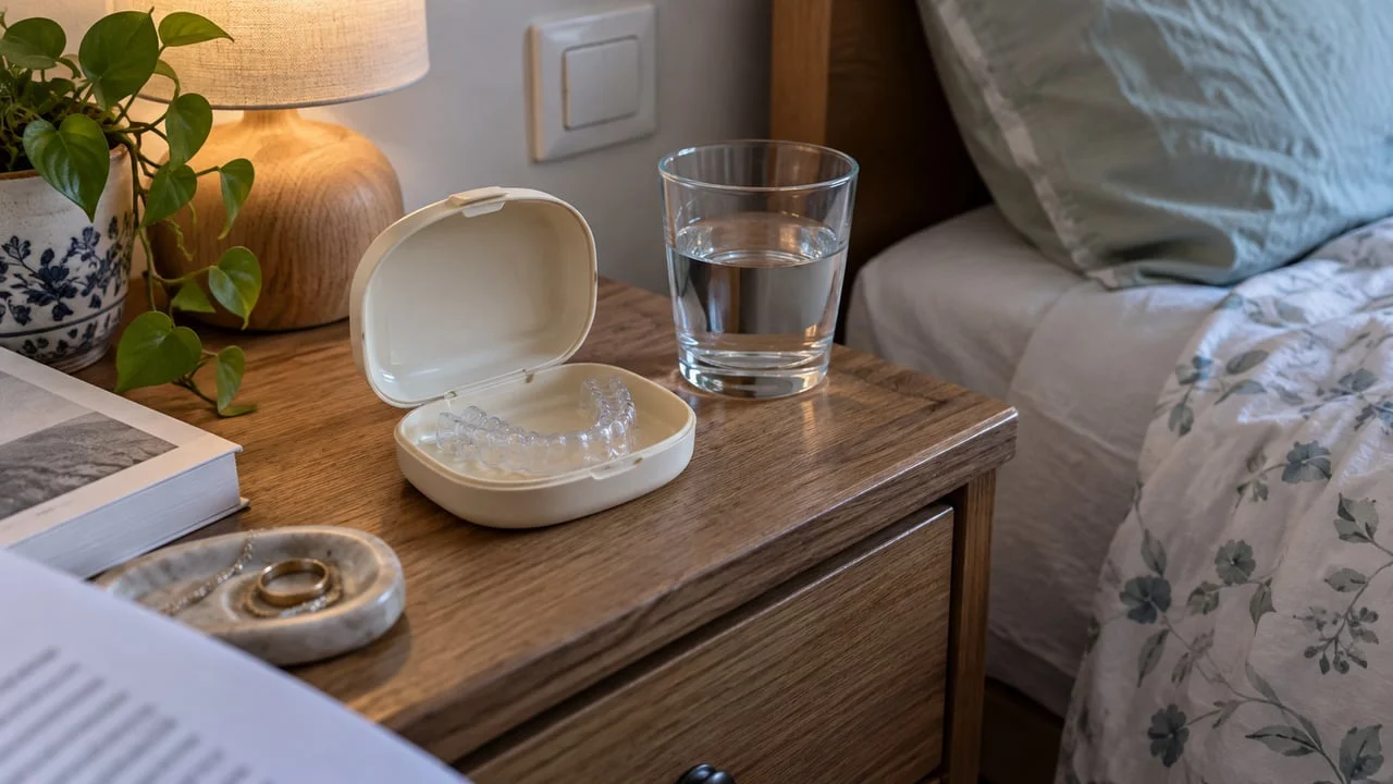 Illustration générée d'une gouttière occlusale dans son étui sur une table de nuit.
