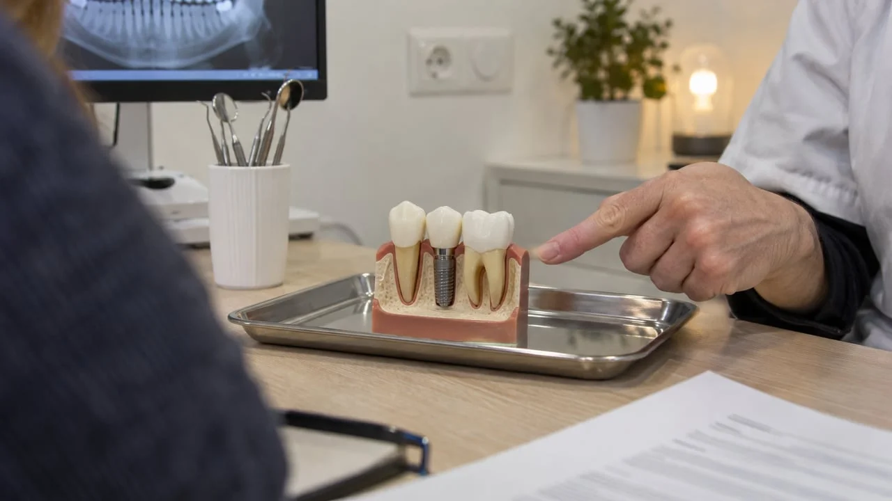 Illustration générée d'un modèle pédagogique distinguant implant et couronne.
