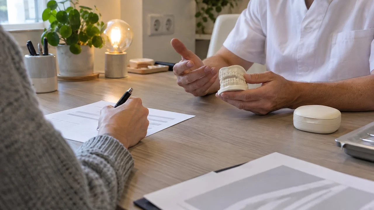 Illustration générée d'une prise de notes pendant l'explication d'un projet dentaire.