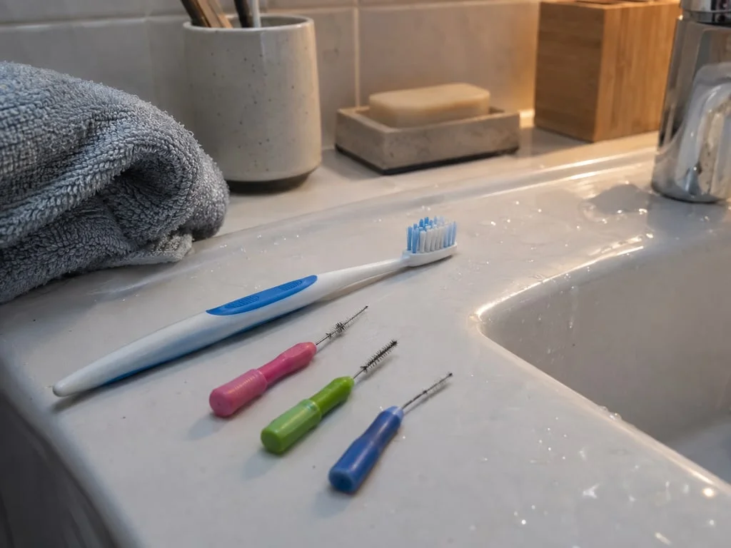 Illustration d’une brosse à dents et de brossettes interdentaires sans marque