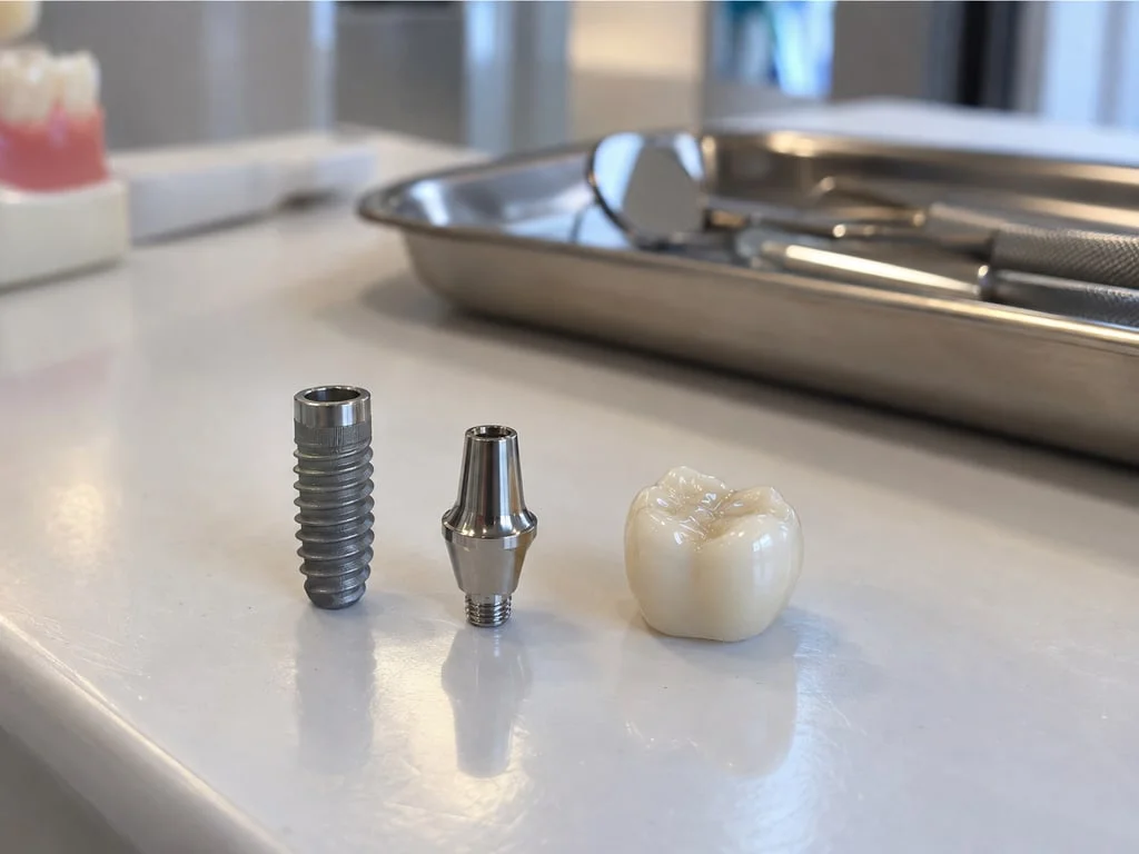 Illustration des trois composants séparés : implant, pilier et couronne