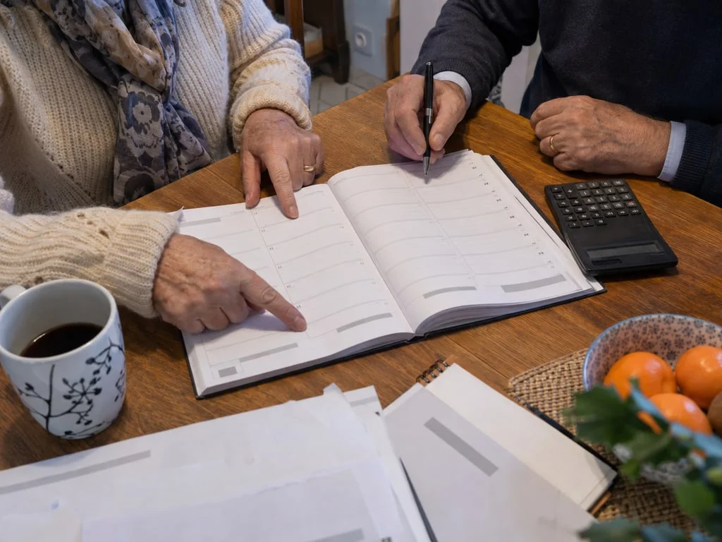 Illustration de mains préparant un rendez-vous avec un carnet et une calculatrice