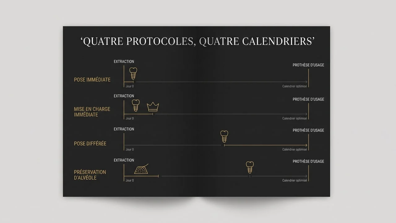 Infographie comparant les calendriers de la pose immédiate, de la mise en charge immédiate, de la pose différée et de la préservation d'alvéole