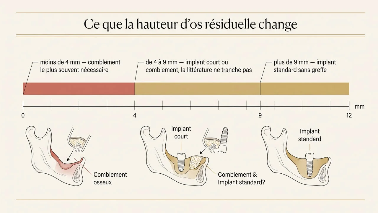 Schéma montrant les options implantaires selon la hauteur d'os résiduelle, avec la zone de 4 à 9 mm où implant court et comblement de sinus ne sont pas départagés