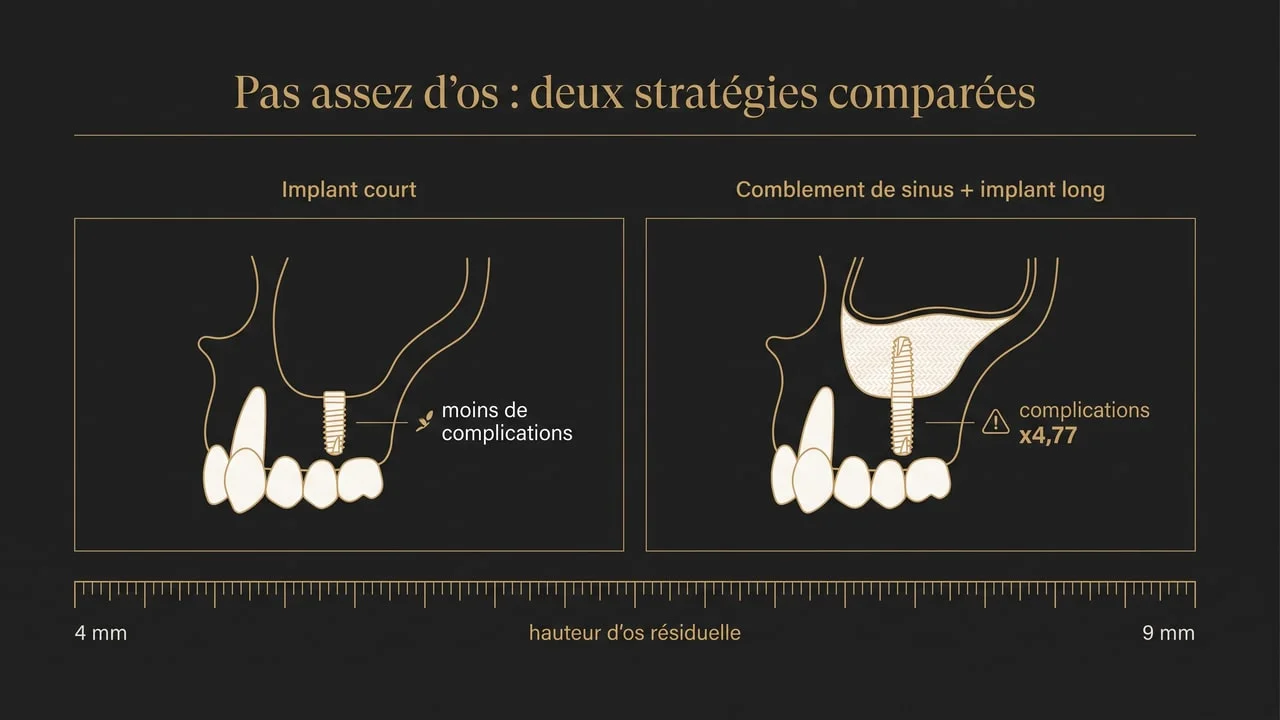 Comparaison illustrée entre un implant court posé sans greffe et un implant long après comblement de sinus, avec la hauteur d'os résiduelle indiquée