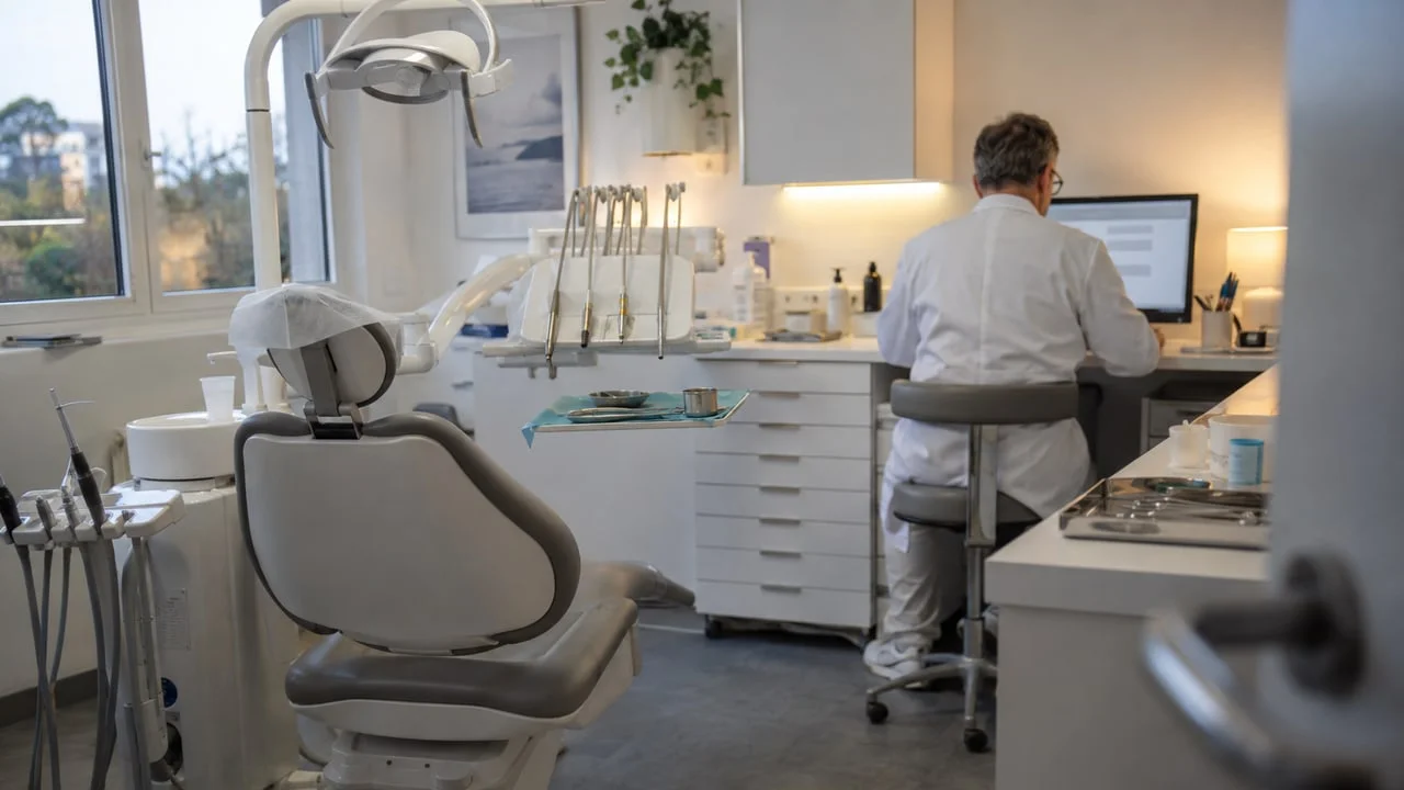 Cabinet dentaire français en fin de journée, fauteuil vide au premier plan et praticien de dos devant son écran