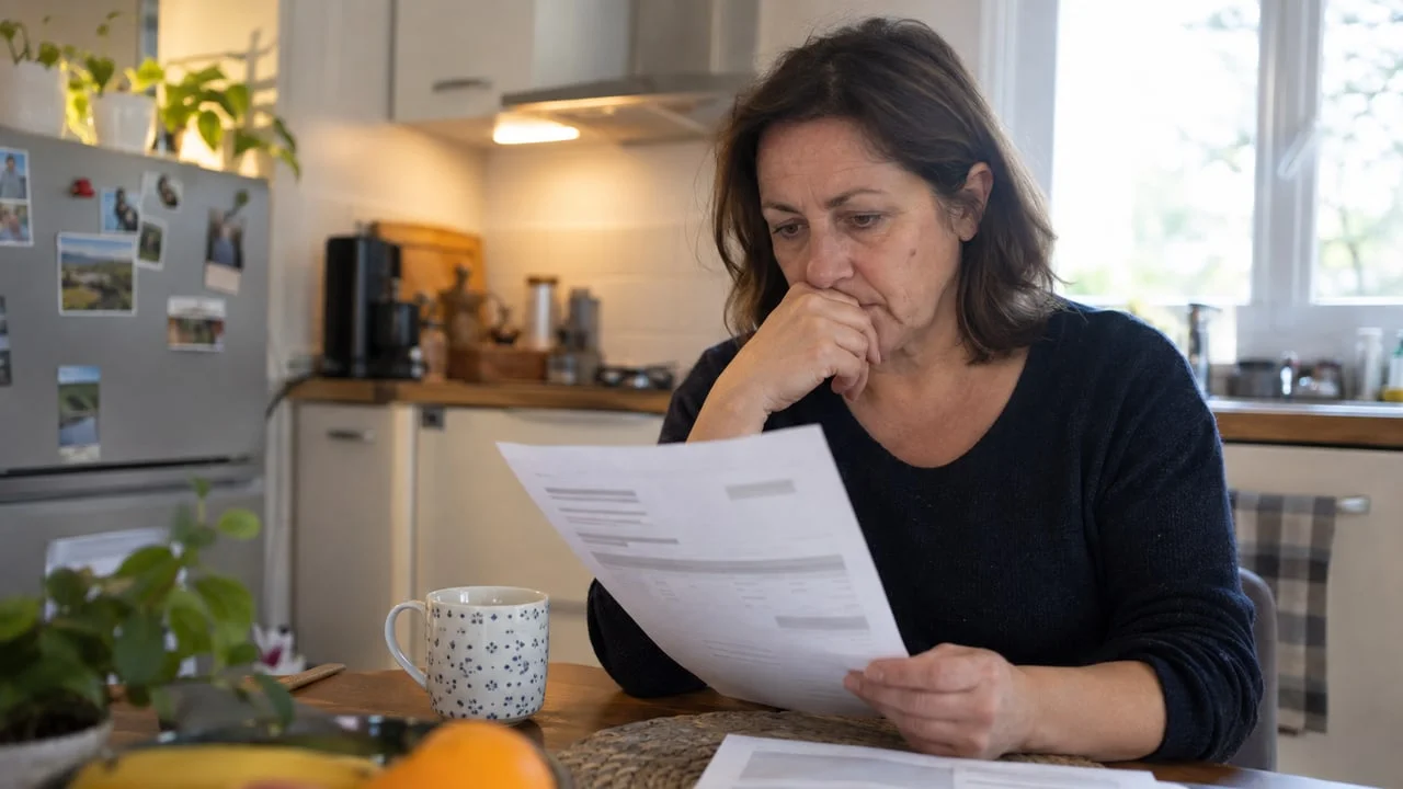 Une femme relit un devis dentaire imprimé à la table de sa cuisine, une tasse de café à côté du document