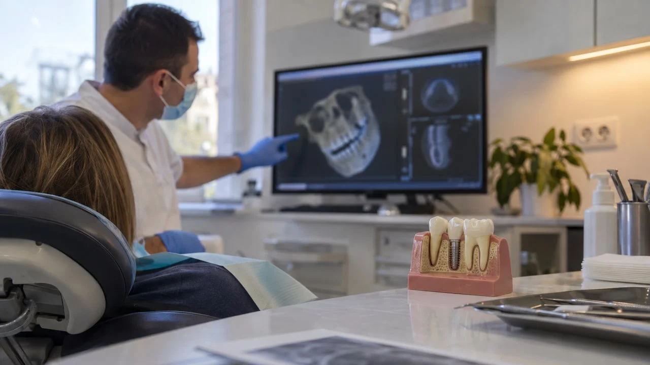 Modèle dentaire pédagogique portant un implant, posé devant un écran d’imagerie tridimensionnelle