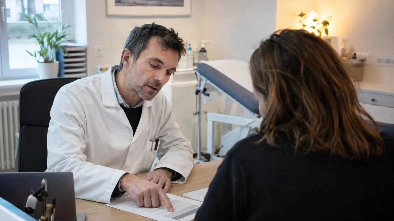 Un praticien explique un devis dentaire à une patiente vue de dos, en pointant une ligne du document