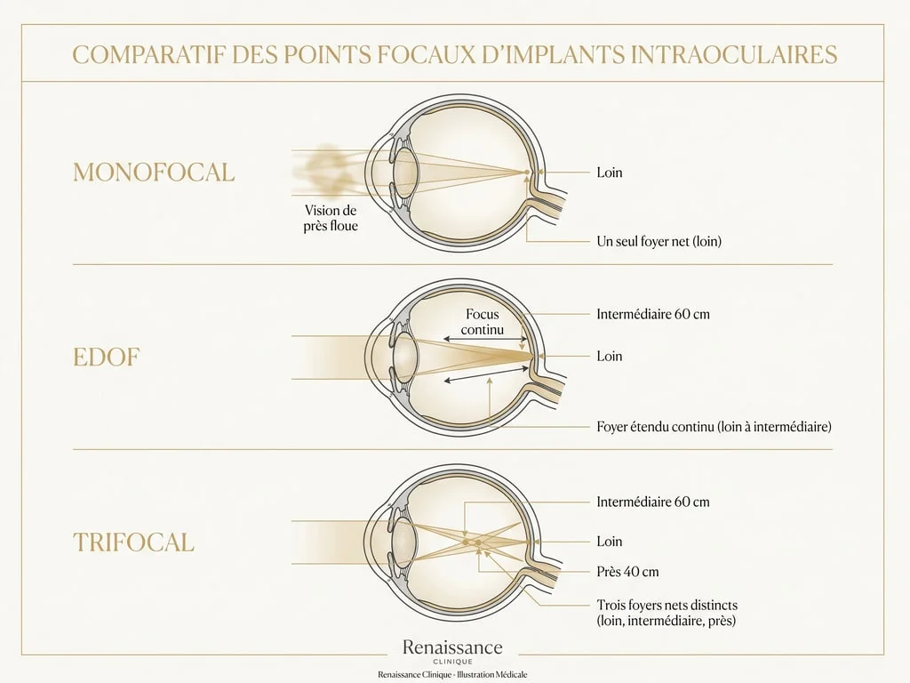 Schéma optique comparant les foyers d'un implant monofocal, EDOF et trifocal — vision de loin, intermédiaire et de près
