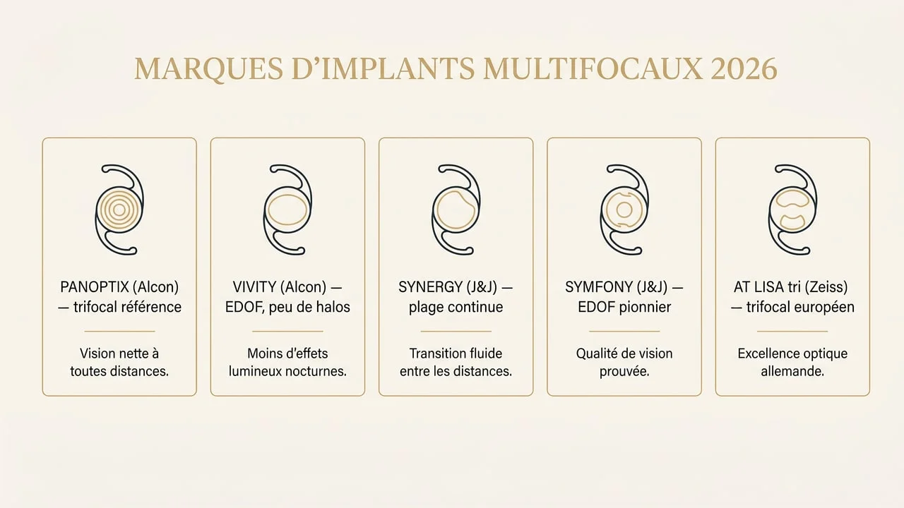 Comparatif des marques d'implants multifocaux 2026 : PanOptix, Vivity, Synergy, Symfony, AT LISA tri