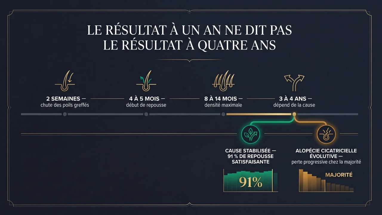 Infographie présentant la chronologie d'une greffe de sourcils et la divergence des résultats à long terme selon que la cause de la perte est stabilisée ou évolutive