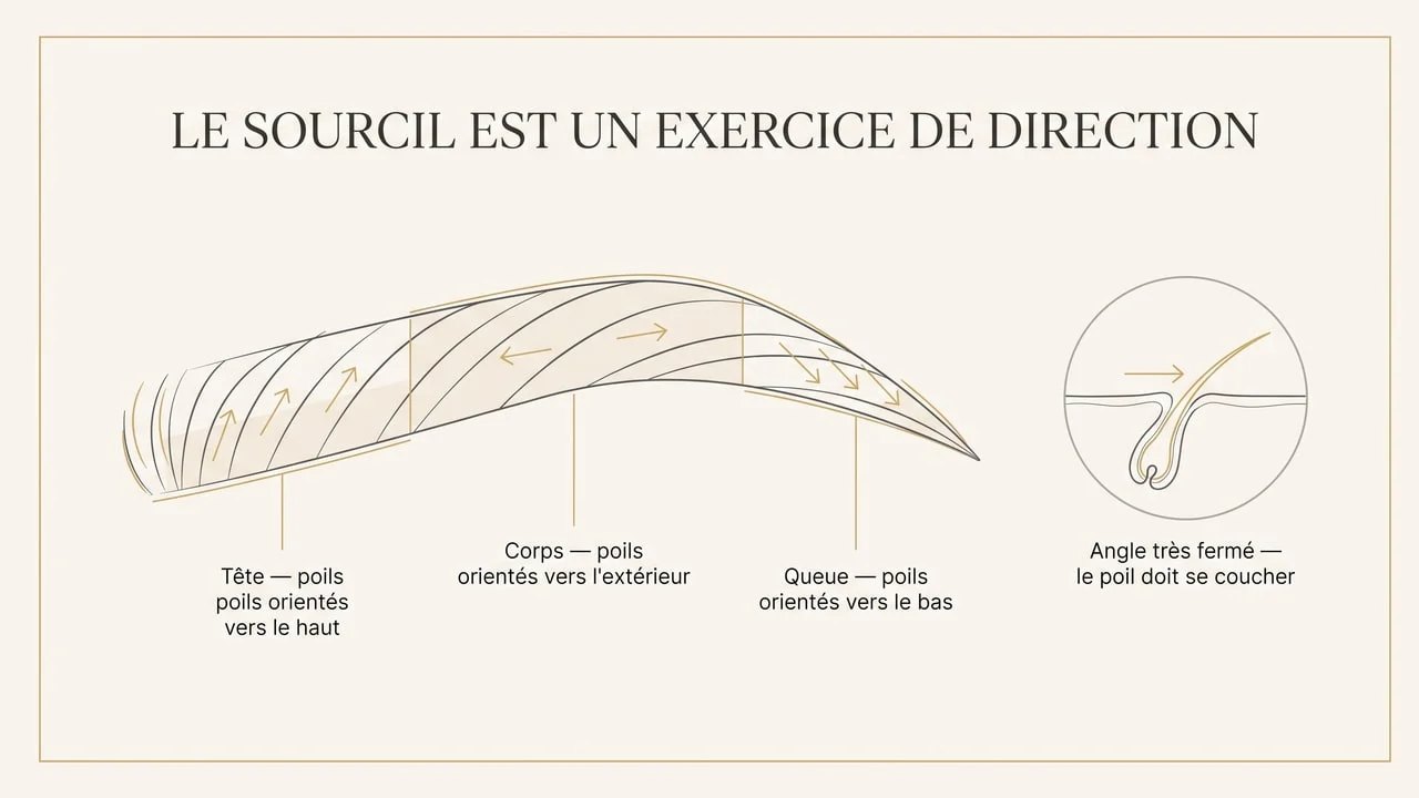 Schéma montrant l'orientation des poils du sourcil selon la zone — tête, corps et queue — et l'angle très fermé auquel les greffons doivent être implantés