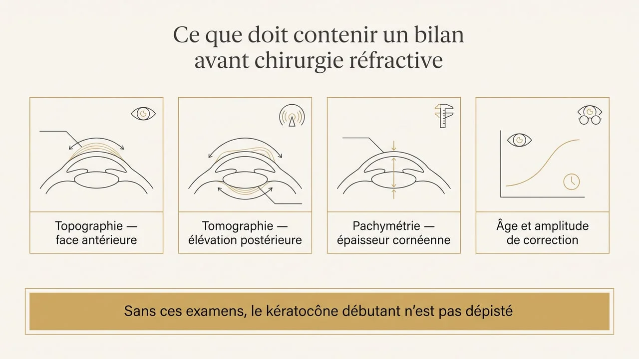 Schéma des quatre examens indispensables avant une chirurgie réfractive : topographie, tomographie, pachymétrie et évaluation de l'âge et de la correction