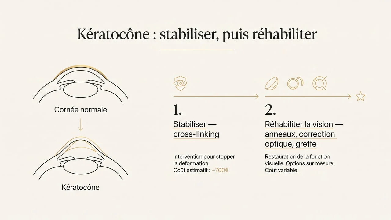 Schéma comparant une cornée normale et une cornée déformée par un kératocône, et rappelant la séquence stabiliser puis réhabiliter la vision
