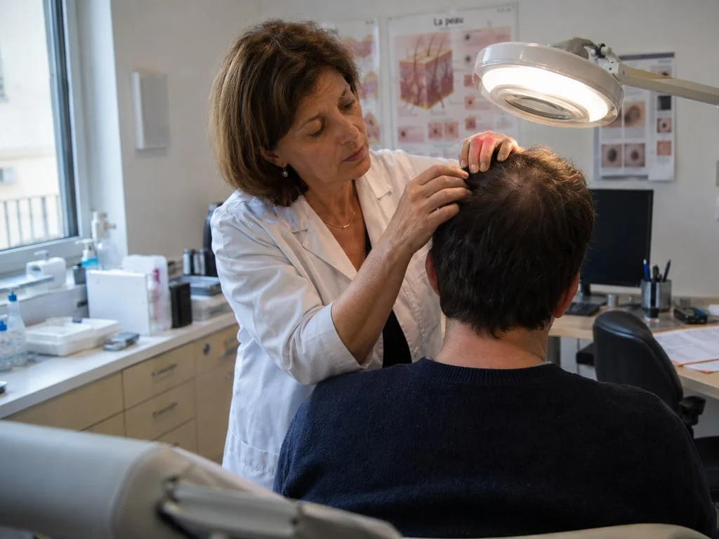 Examen du cuir chevelu en consultation : si la chute persiste malgré un shampooing antifongique, la question n'est pas le produit mais le diagnostic