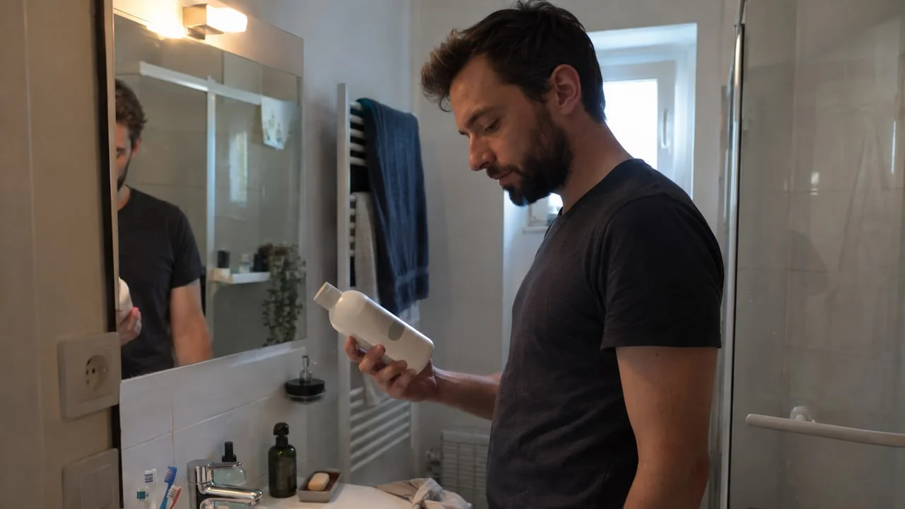 Un homme examine un flacon de shampooing dans sa salle de bains : en France, le kétoconazole 2 % est un médicament de liste I, délivré sur ordonnance et autorisé pour la dermite séborrhéique