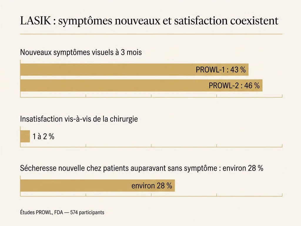 Graphique comparant la fréquence des nouveaux symptômes visuels après LASIK et le taux d'insatisfaction dans les études PROWL de la FDA