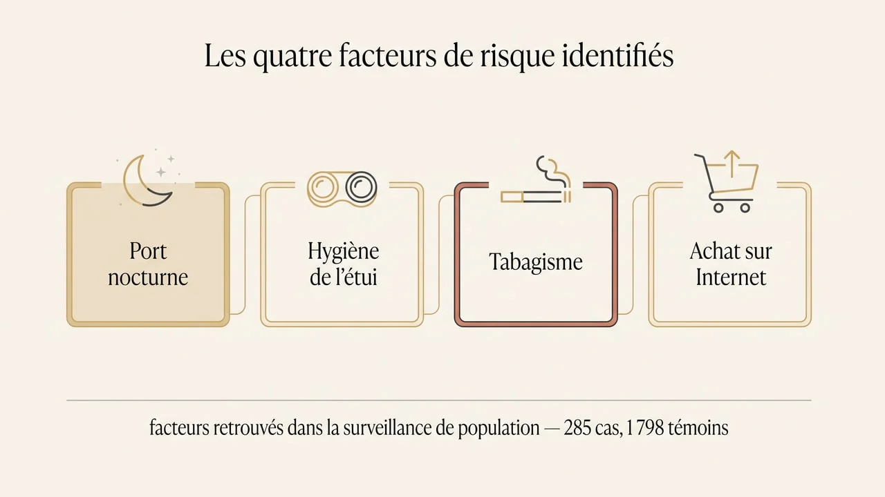 Schéma des quatre facteurs de risque de kératite liée aux lentilles identifiés dans l'étude de surveillance de population