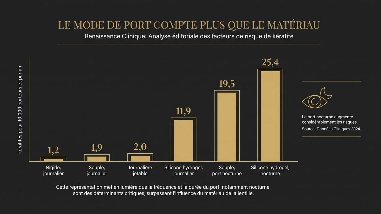 Graphique comparant l'incidence annuelle de kératite microbienne selon le type de lentille de contact et le mode de port