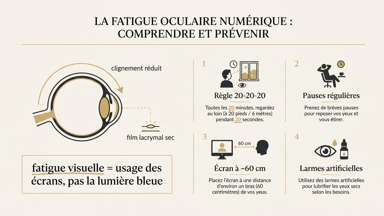 Infographie expliquant que la fatigue visuelle numérique vient de l'usage des écrans (clignement réduit) et les vraies solutions : règle 20-20-20, pauses, distance et larmes artificielles.