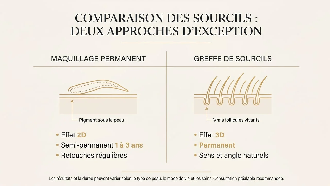 Infographie comparant le maquillage permanent (pigment 2D semi-permanent) et la greffe de sourcils (vrais follicules 3D permanents).