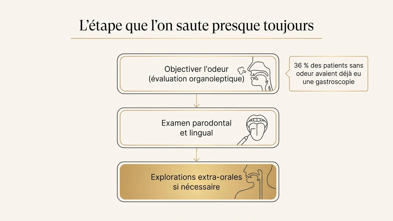 Diagramme du parcours diagnostic recommandé face à une plainte de mauvaise haleine : objectiver d'abord l'odeur, puis examiner le parodonte et la langue, et n'explorer les causes extra-orales qu'ensuite