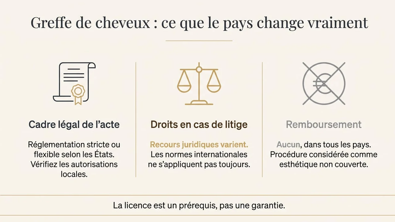 Infographie comparant ce que le choix du pays change réellement pour une greffe de cheveux : le cadre légal de l'acte, les droits en cas de litige, et l'absence de remboursement quel que soit le pays