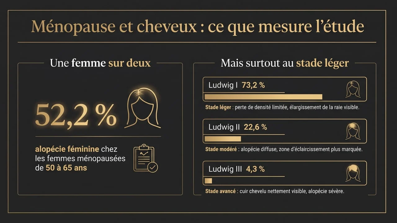 Infographie montrant la prévalence de l'alopécie féminine chez les femmes ménopausées et sa répartition par stade de Ludwig