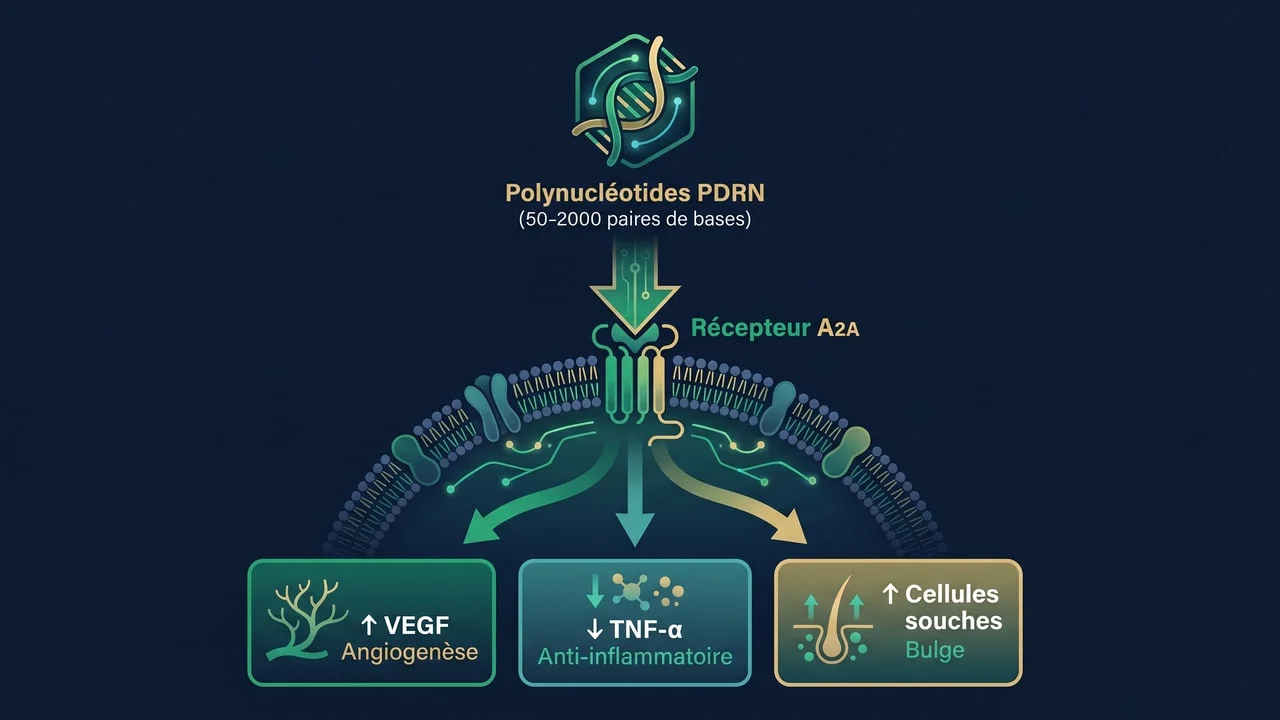 Mécanisme moléculaire des polynucléotides : récepteur adénosine A2A et cascade VEGF/TNF-α/cellules souches