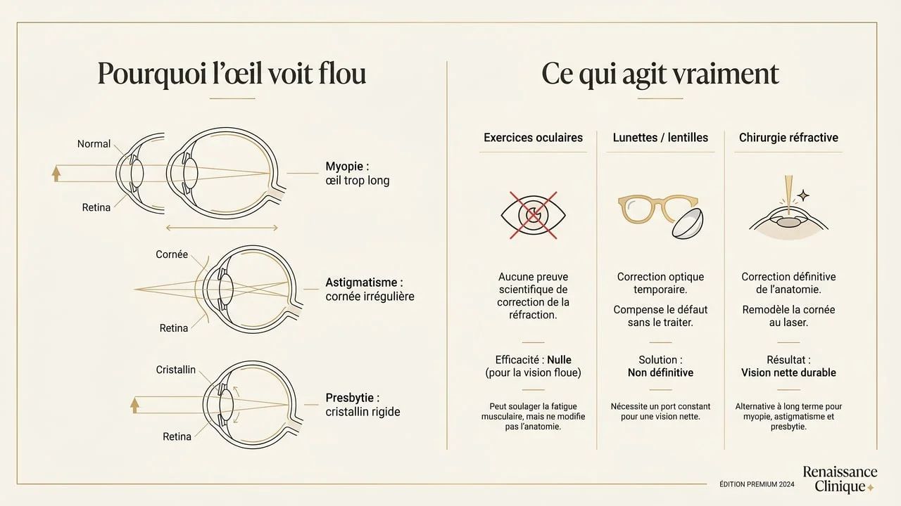 Infographie expliquant pourquoi l'œil voit flou (défauts optiques) et comparant exercices oculaires, lunettes et chirurgie réfractive.