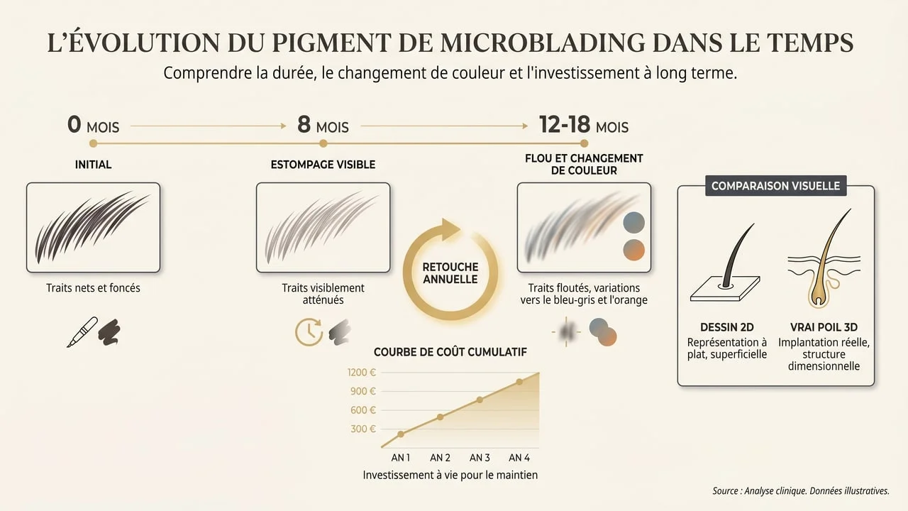 Infographie montrant l'estompage du microblading sur 18 mois, le virage de couleur, les retouches annuelles à vie et le coût cumulé.
