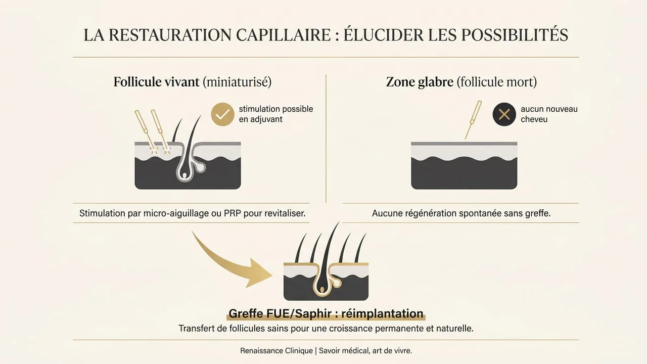 Infographie montrant que le microneedling stimule un follicule vivant mais ne recrée rien sur une zone glabre, contrairement à la greffe