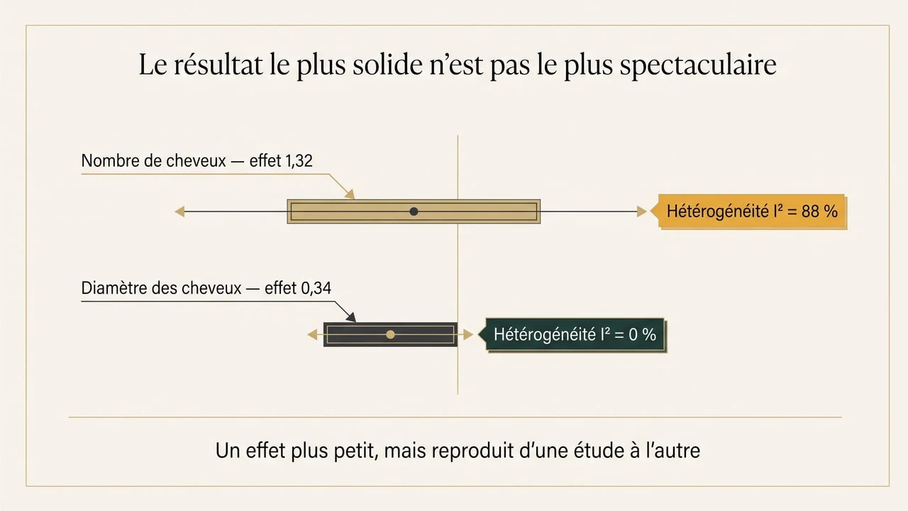 Schéma comparant l'effet du microneedling sur le nombre de cheveux, important mais très hétérogène entre études, et sur le diamètre, plus modeste mais parfaitement homogène