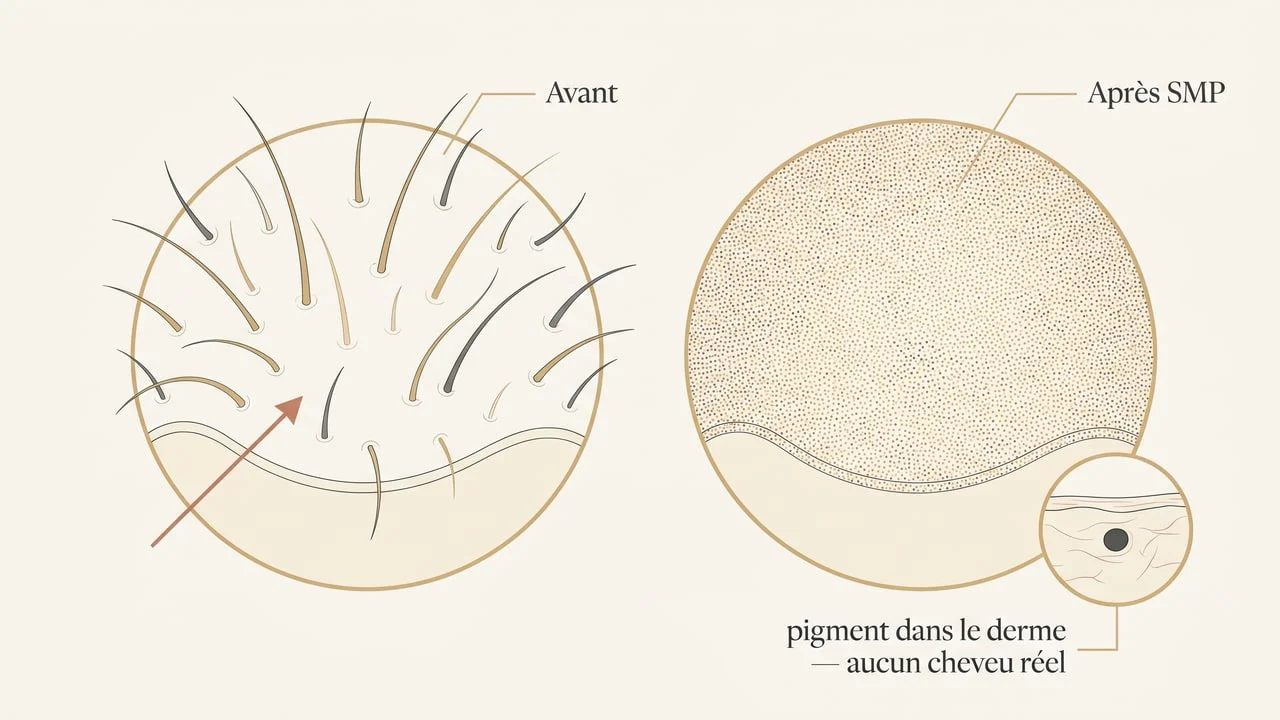 Schéma comparant un cuir chevelu clairsemé avant et après SMP, le pigment dans le derme créant une illusion de densité sans cheveu réel