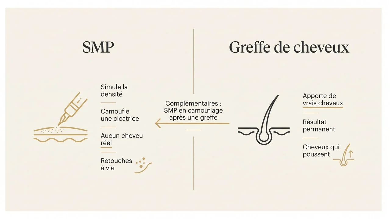 Infographie de la complémentarité entre la SMP en camouflage et la greffe de cheveux qui apporte de vrais follicules