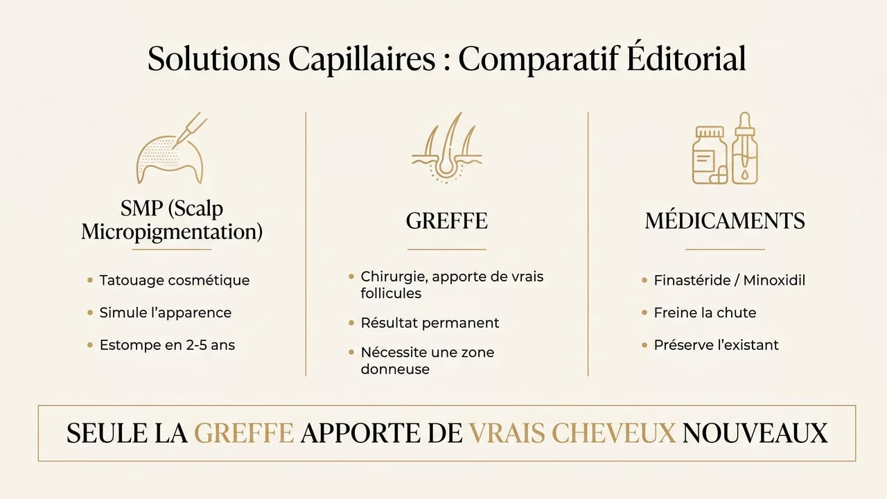 Comparaison infographique de la SMP, de la greffe de cheveux et des traitements médicaux contre la chute de cheveux