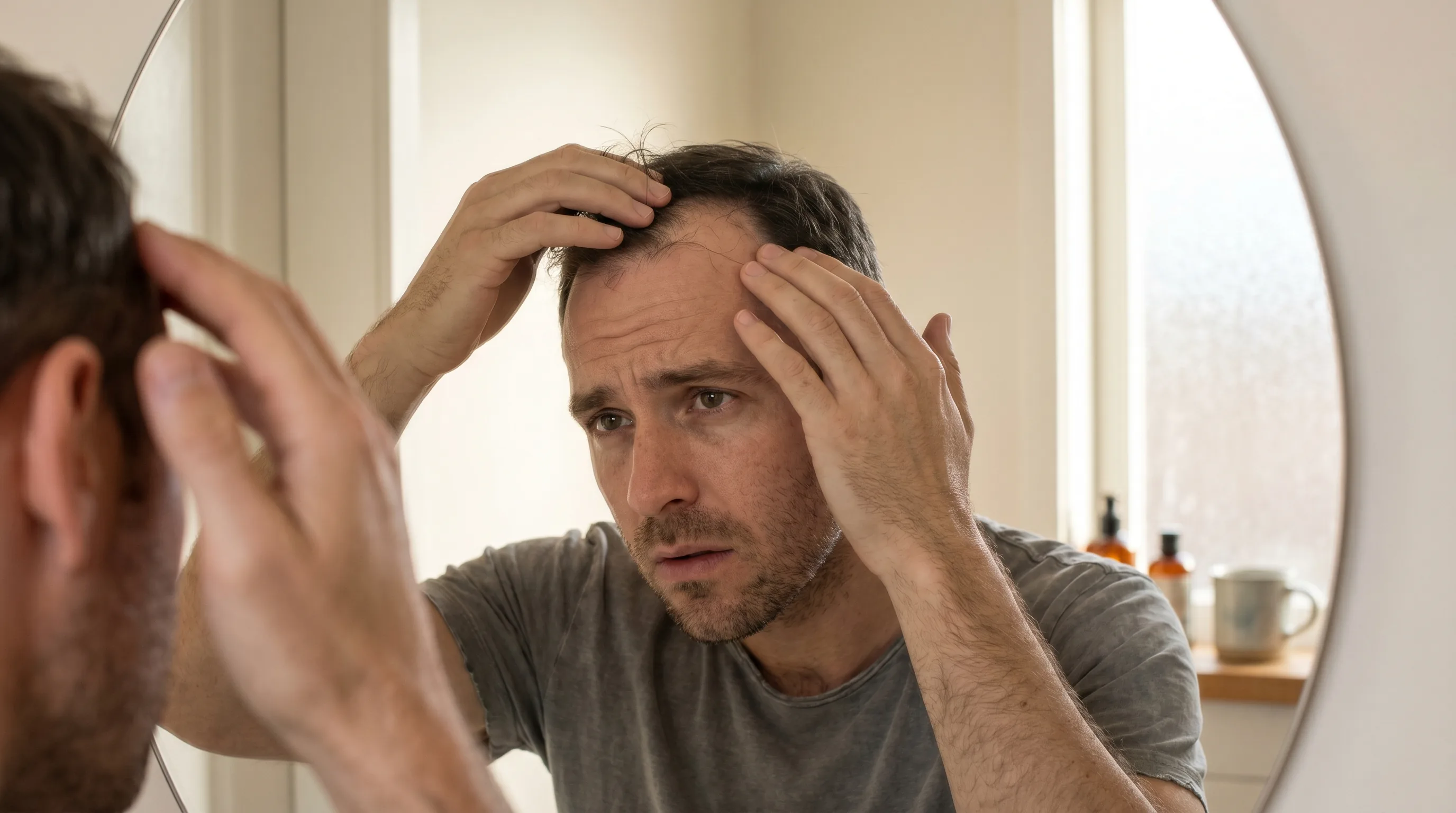 Flacon de solution topique et brosse avec quelques cheveux, évoquant le shedding sous minoxidil