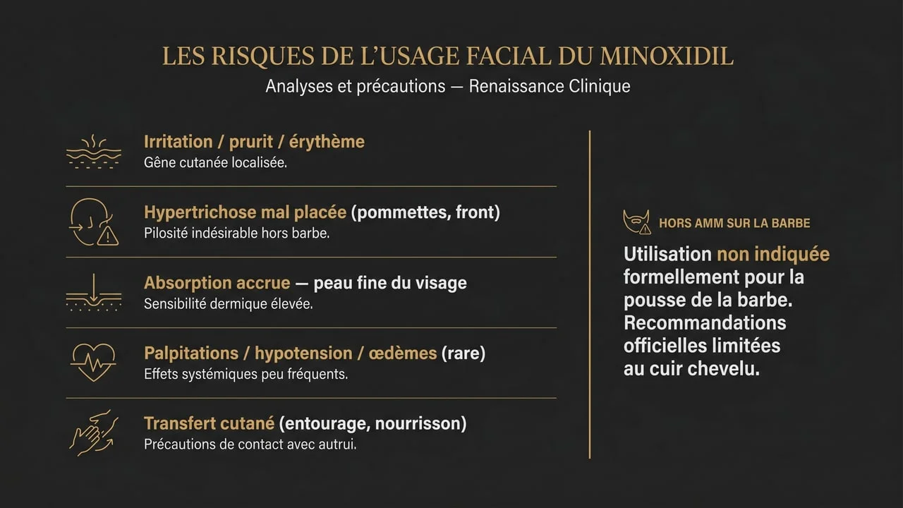 Infographie des dangers du minoxidil sur le visage : irritation, hypertrichose mal placée, absorption systémique et transfert cutané