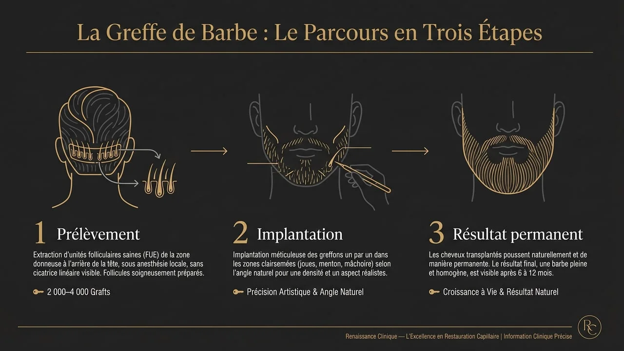 Infographie des étapes d'une greffe de barbe FUE : prélèvement à l'arrière du crâne, implantation et résultat permanent