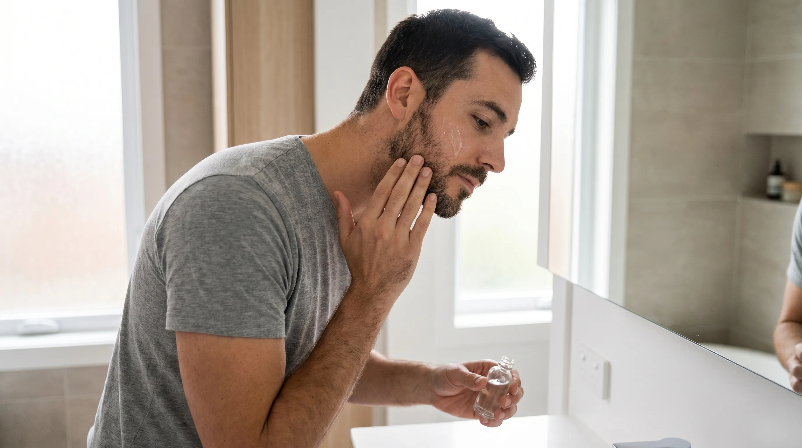 Flacons de solution topique non marqués sur une étagère de salle de bain, illustrant l'usage du minoxidil sur la barbe